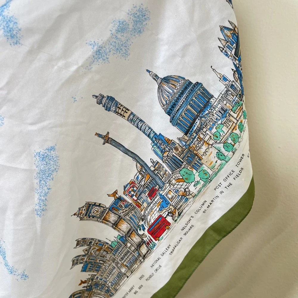 Vintage London Skyline Souvenir Scarf White Green Cityscape Landmarks‎ Retro Mod